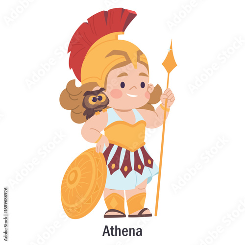 Ancient Greek goddess Athena. Character of the Olympic goddess of wisdom and just war. Deity with an owl, helmet, shield, armor and spear. Cartoon character of classical mythology