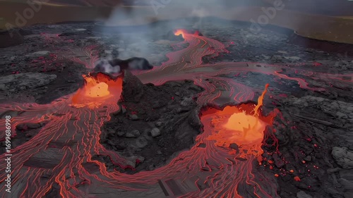 Aerial View of Glowing Lava Flow at Night