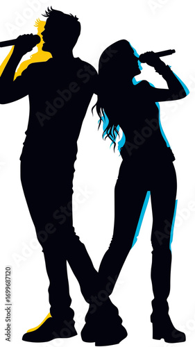 Silhouette of man and woman singing karaoke with microphones standing back to back with colorful shadows minimalist vector design