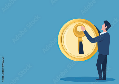 Businessman holding large golden key to unlock oversized coin keyhole representing financial success investment opportunity profit gain concept flat vector illustration