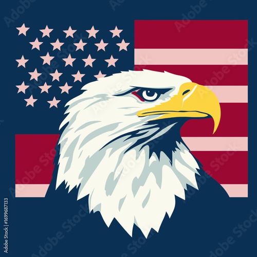Close-up illustration of bald eagle head with yellow beak and fierce expression in front of stylized American flag with stars and stripes in flat minimalist vector design for patriotic concept