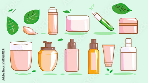 Collection of natural skin care cosmetic containers and bottles with green leaves for organic beauty product design vector illustration