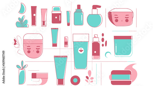 Minimalist flat vector illustration of skincare beauty products including face creams, serums, lipsticks, tubes, jars, and bottles in pastel colors with decorative leaves and abstract shapes