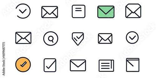 Set of minimal thin line mail envelope icons with check marks, magnifier, message bubbles, and clock elements for communication and contact