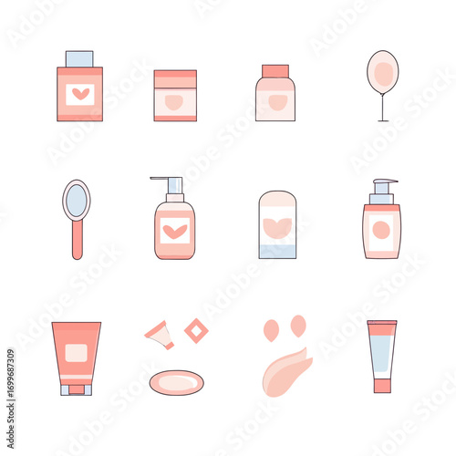 Flat minimalist vector set of various skin care and beauty product icons including cream jars, lotion bottles, mirror, soap, and moisturizer tubes in soft pastel colors