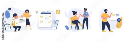 Customer feedback review process with checklist, positive approval marks, question and answer conversation, and quality assessment in flat vector style