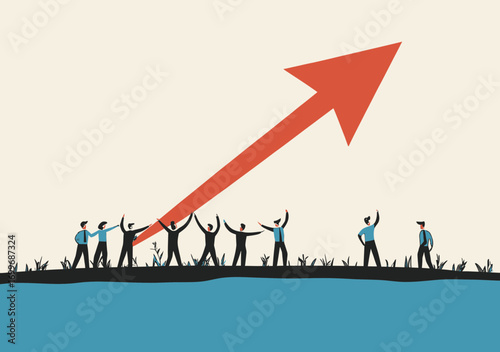 Team of business people collaboratively pushing large red arrow upwards symbolizing growth success progress and achievement in minimalist flat style vector illustration