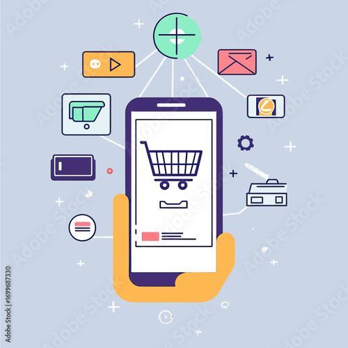 Flat minimalist vector of hand holding smartphone with online shopping cart icon connected to various colorful app icons representing digital commerce and mobile technology concepts
