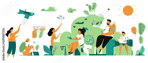 Sustainable living activities illustration with diverse people planting trees recycling using books and nature elements flat vector design environmental care concept