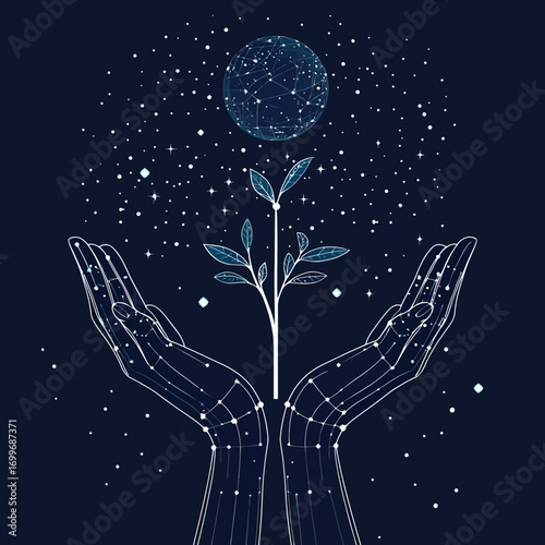 Futuristic digital hands nurturing young plant with interconnected constellation lines and starry cosmic background in space concept illustration