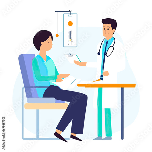 Doctor consultation with patient in medical office flat vector illustration showing healthcare professional explaining diagnosis and treatments during appointment in clinic setting