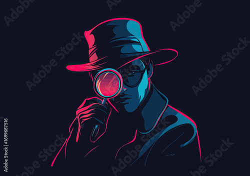 Mysterious detective with fedora hat examining evidence through magnifying glass in dark neon minimal vector style illustration