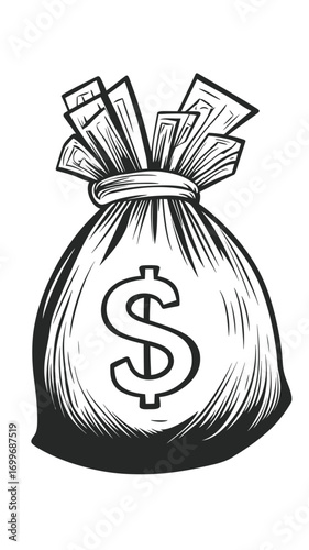 Black and white engraving style illustration of money bag filled with paper currency with dollar symbol minimalist vector outline drawing design