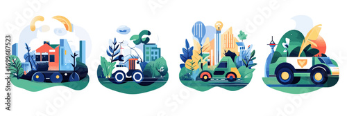 Sustainable vehicles electric car tractor combines renewable energy nature plants eco friendly technology green transportation concept flat design vector illustration set