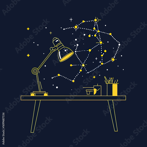 Minimalist vector illustration of desk lamp projecting constellation star map with desk accessories on dark background with space theme and cosmic stars