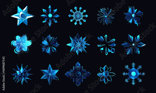 Set of fifteen unique blue 3D stylized snowflakes icons with glossy metallic finish on black background winter decoration design elements collection