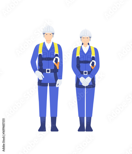 建設現場の安全装備 安全帯・安全靴・ヘルメットを身につけた人物のベクター素材