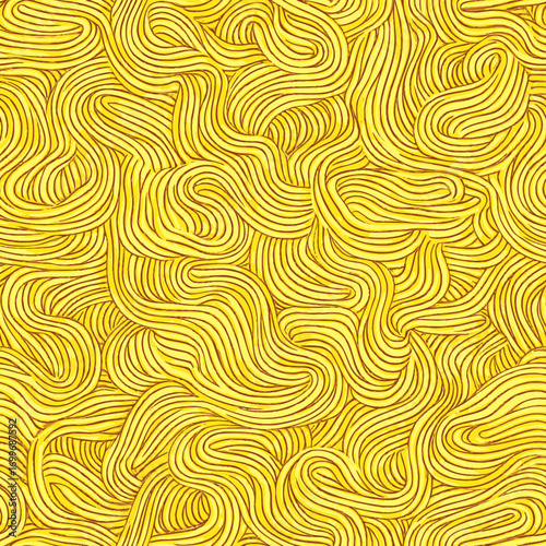 Seamless abstract pattern of flowing yellow noodle shapes with smooth curved lines for food or texture background design