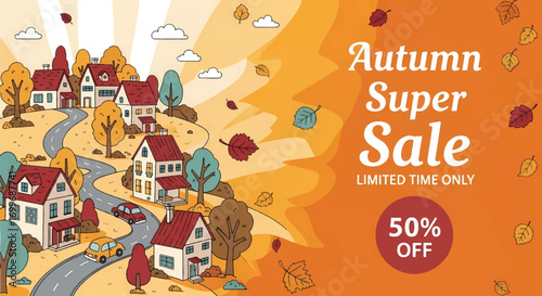 Adobe illustrator artwork vector illustration of an autumn super sale banner with a charming village landscape, winding roads, colorful trees, and cars, offering 50% off