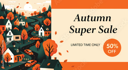 Adobe illustrator artwork vector illustration of an autumn super sale banner with a charming village landscape, winding roads, colorful trees, and cars, offering 50% off