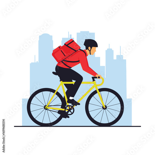 Delivery man on a yellow bicycle with a red backpack, riding through a city.