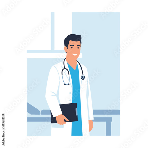 A smiling male doctor in a white coat holding a clipboard stands in a medical examination room.