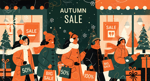 Adobe illustrator artwork vector illustration of people enjoying an autumn sale with shopping bags and a delivery person on a bicycle. SEO-friendly for Shutterstock