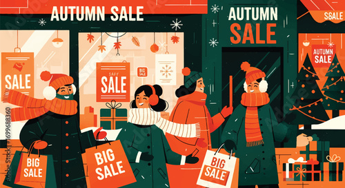 Adobe illustrator artwork vector illustration of people enjoying an autumn sale with shopping bags and a delivery person on a bicycle. SEO-friendly for Shutterstock