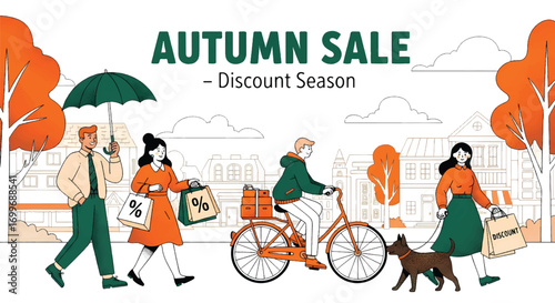 Adobe illustrator artwork vector illustration of people enjoying an autumn sale with shopping bags and a delivery person on a bicycle. SEO-friendly for Shutterstock