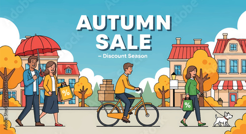 Adobe illustrator artwork vector illustration of people enjoying an autumn sale with shopping bags and a delivery person on a bicycle. SEO-friendly for Shutterstock