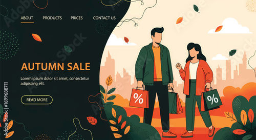 Adobe illustrator artwork vector illustration of a couple with shopping bags during an autumn sale. Perfect for e-commerce, websites, and promotional materials