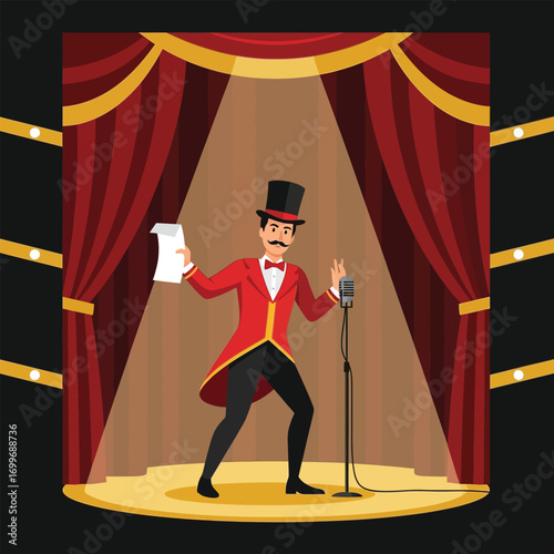A charismatic ringmaster on a stage, holding a script and microphone, ready to perform.