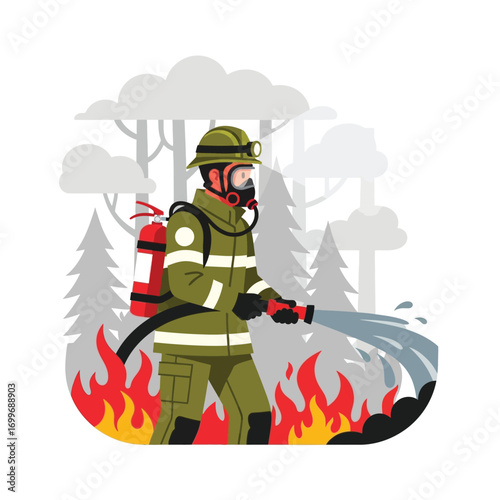 Firefighter bravely battles wildfire in a forest, spraying water to extinguish the flames.