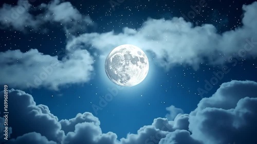A brilliant full moon illuminates a serene night sky filled with countless twinkling stars, casting a magical glow over a bed of soft, ethereal clouds.