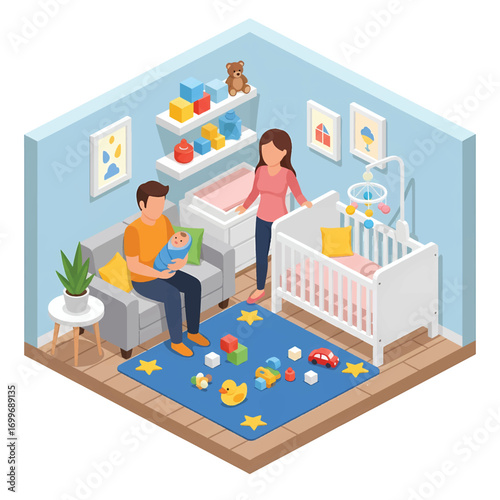 Adobe illustrator artwork vector illustration of a happy family in an isometric baby room with a crib, sofa, and toys. Perfect for parenting, family, and home decor themes
