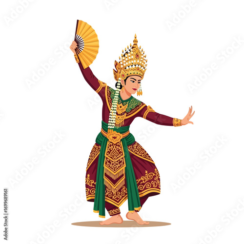 A gracefully dressed dancer performs a traditional dance, holding a fan.