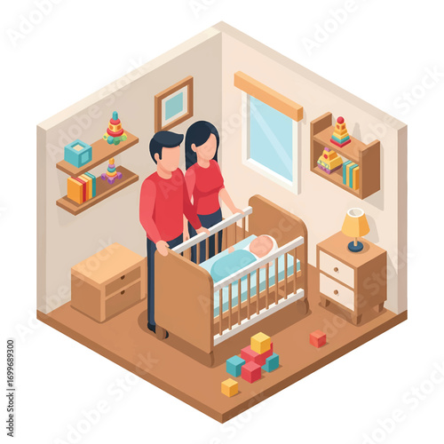Adobe illustrator artwork vector illustration of a happy family in an isometric baby room with a crib, sofa, and toys. Perfect for parenting, family, and home decor themes