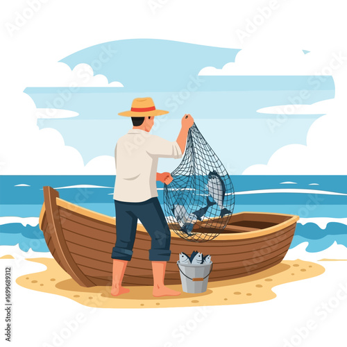 A fisherman on a sandy beach emptying a net of fish into a bucket.