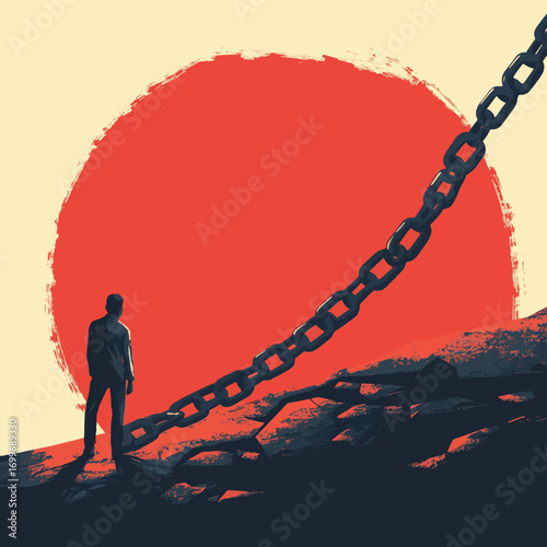 Anti-bullying poster with a giant, broken chain symbolizing freedom and overcoming adversity. , vector style simple color
