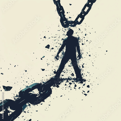 Anti-bullying poster with a giant, broken chain symbolizing freedom and overcoming adversity. , vector style simple color