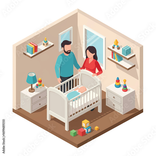 Adobe illustrator artwork vector illustration of a happy family in an isometric baby room with a crib, sofa, and toys. Perfect for parenting, family, and home decor themes