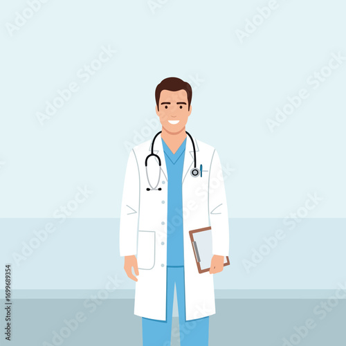 A smiling male doctor stands, holding a clipboard, ready to provide care.