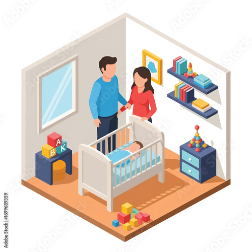Adobe illustrator artwork vector illustration of a happy family in an isometric baby room with a crib, sofa, and toys. Perfect for parenting, family, and home decor themes