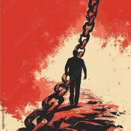 Anti-bullying poster with a giant, broken chain symbolizing freedom and overcoming adversity. , vector style simple color