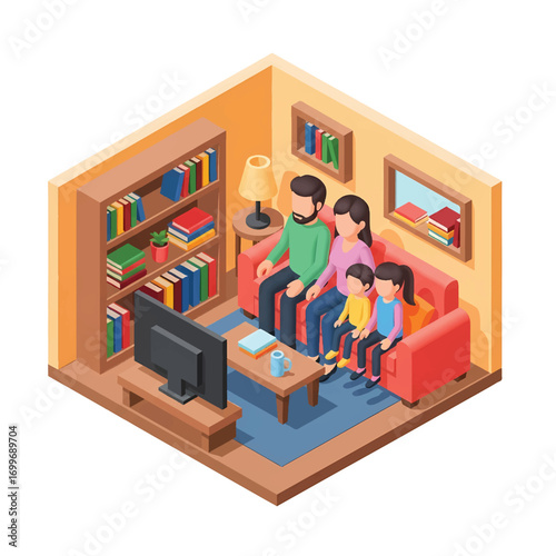 Adobe illustrator artwork vector illustration of a happy family watching TV in an isometric living room. Ideal for themes of home entertainment, family time, and cozy interiors