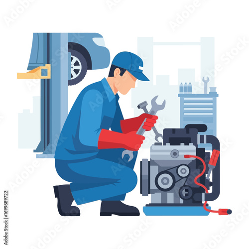 Mechanic in blue uniform repairs a car engine with a wrench in a garage setting.