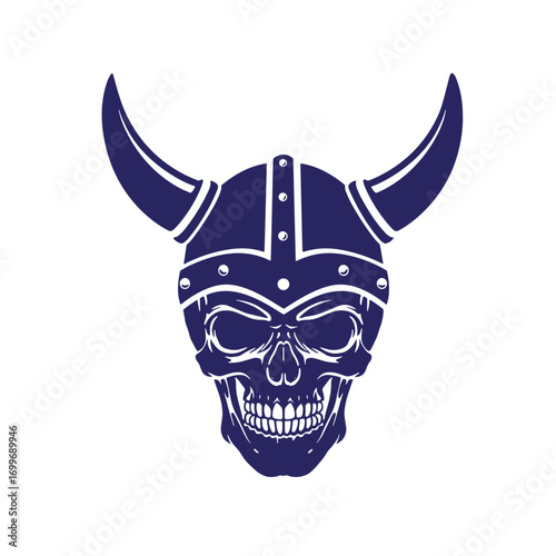 Silhouette illustration of a viking skull wearing a horned helmet against a white background
