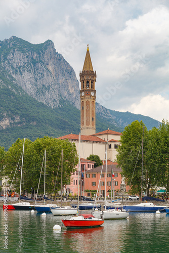 Lecco, Italy - May 21, 2024: Waterfront and marina of Lecco town, located in Lombardy, Italy
