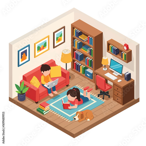 Adobe illustrator artwork vector illustration of kids studying in an isometric living room with a dog. Ideal for education, home learning, and cozy domestic scenes
