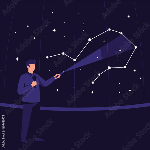 A man with a flashlight points out constellations on a night sky projection.